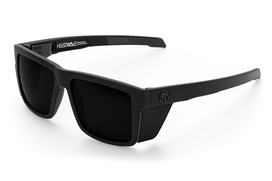 Heat Wave Visual Performance Vise Sunglasses with black frame, ultra black lenses and matching colored side shields.