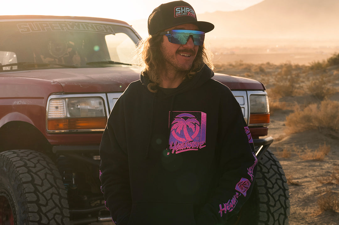 Blake Wilkey out in the desert rocking the Heat Wave Visual TV Deep Navy Sweatshirt.