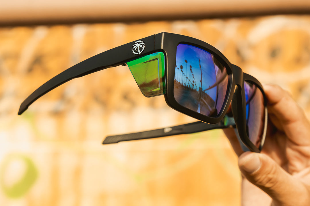 Close up of the green side shields on the Heat Wave Performance Vise safety sunglasses.